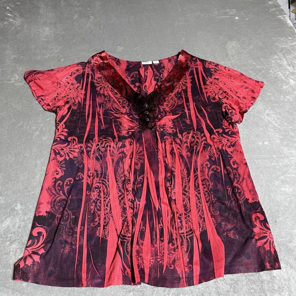 Cato Top Womens 22 24W Red Black Baby Doll Vampy Witchy Goth V Neck Fantasy